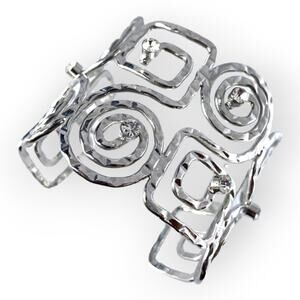 Hammered silver tone spiral cuff bracelet with rhinestone accents